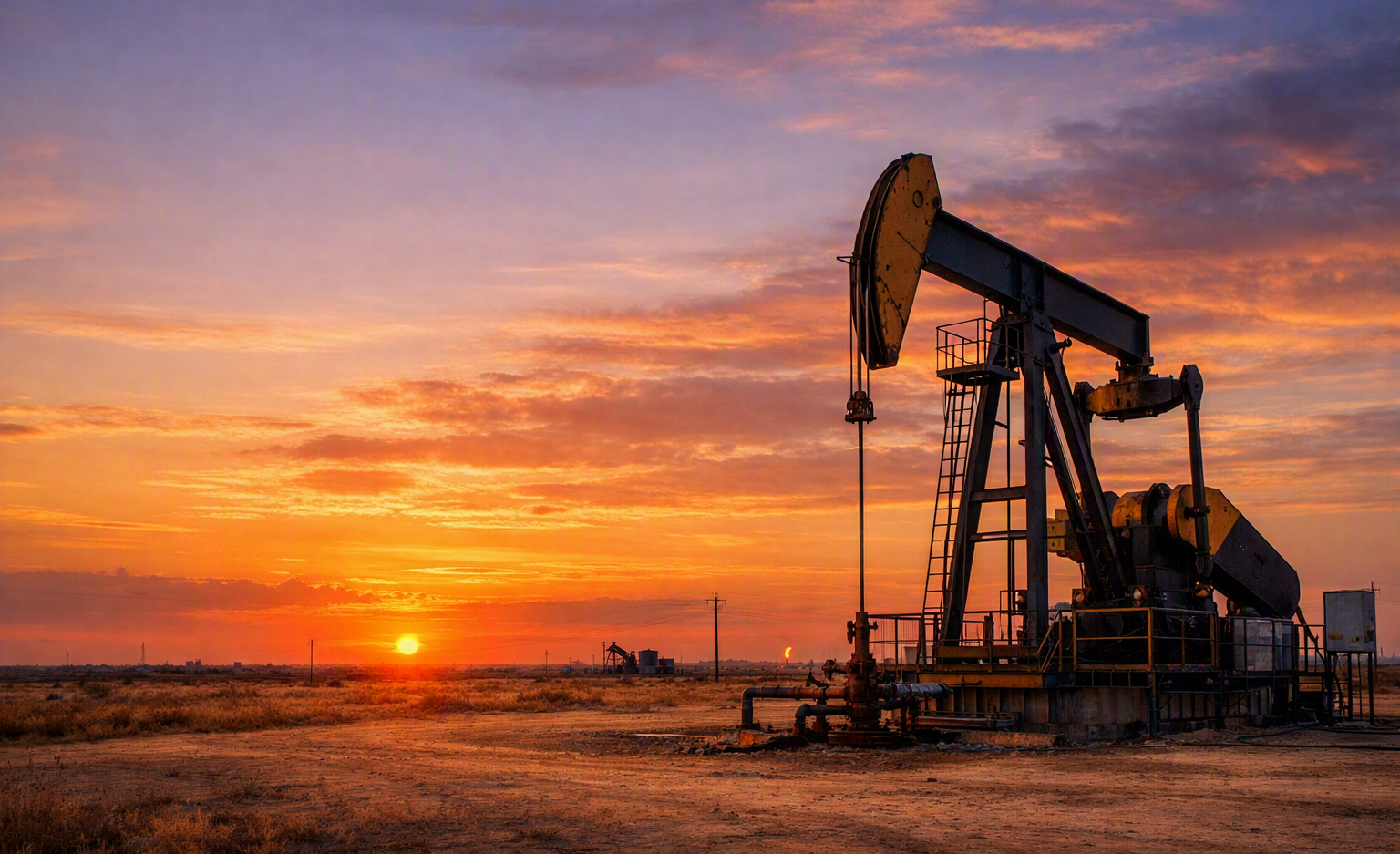 Pozo petrolero en operación al atardecer